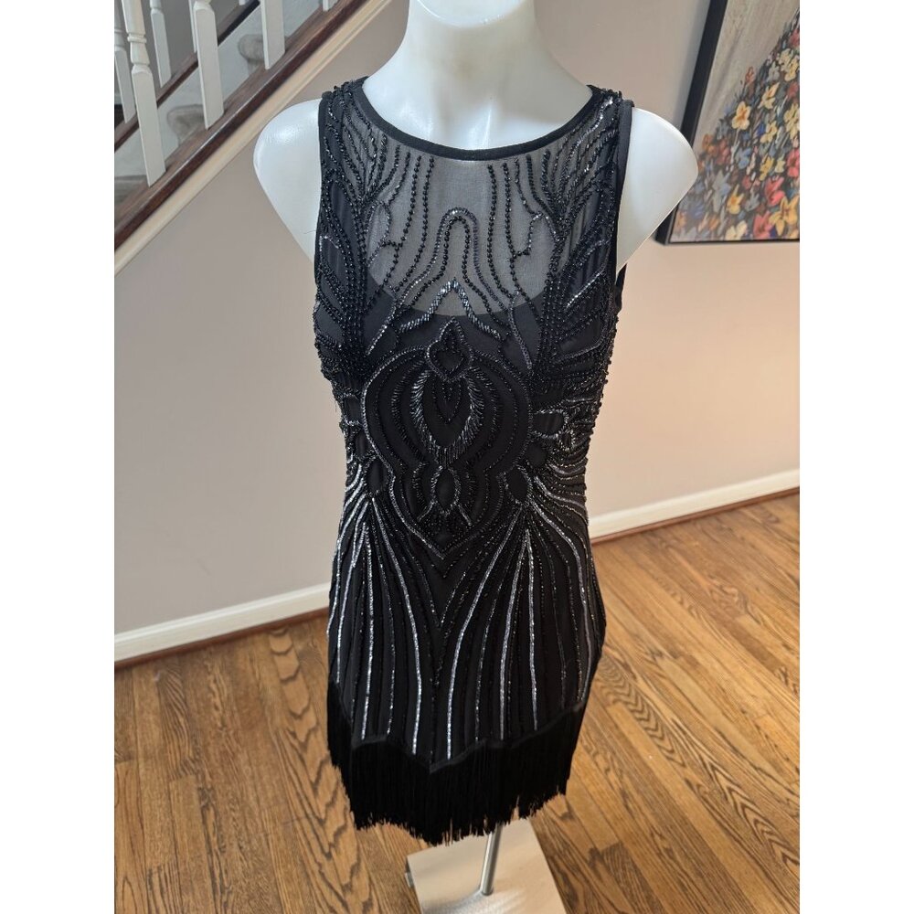 Caché Vintage Y2K Beaded Fringe Flapper Mini Dress Black Size 6